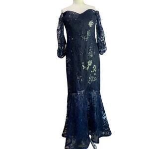 Teri Jon Mother of The Bride Navy Off The Shoulder Sequin Evening Gown Size 10